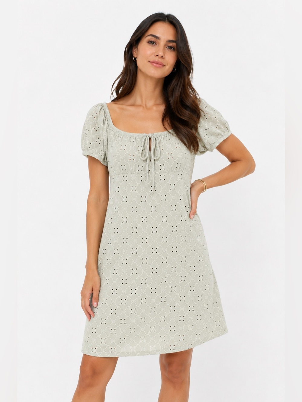 Heart Hips Sage Green Eyelet Mini Dress Size M Cottagecore Fairycore